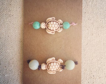Set of 2 handmade handcrafted turtle bead beaded eco friendly hemp cord bracelet for her gift ideas inapiration