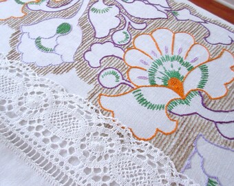 Hand Embroidered Vintage Floral Linen Tablecloth Vintage Linens