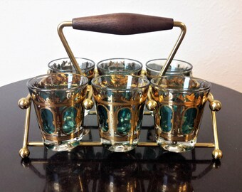 Culver Barware Shot Glasses & Caddy Set 22K Gold Emerald Scroll Mid Century Perfect Gift Set