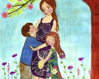 Mother Art Mother with Son and Daughter Painting Motherhood Art Print Mother and Child Painting Nursery Wall Art