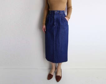 VINTAGE Denim Skirt 1980s Dark Blue Jeans Long Small