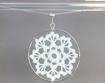 Scallops doily necklace, white silk thread, sterling silver