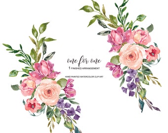 Watercolor Romantic Rose Clipart One Arrangement Hand Painted Pink Roses Wedding Diy PNG Commercial Use | O1