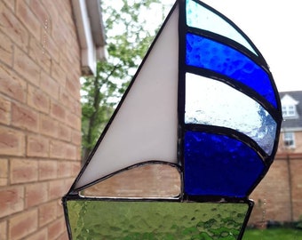 Stained glass sailing boat suncatcher Fathers Day Gift for Dad Water sport Retirement gift Sun catcher