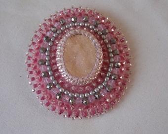 Bead Embroidered Brooch Pink Druzy Brooch B8