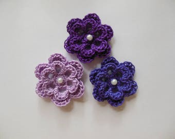 Purple Crocheted Flowers - Purple, Violet and Lilac with Pearl - Cotton Flowers - Flower Appliques - Crocheted Embellishments - Set of 3