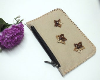 Beige Pouch Felt Coin Purse Zipper Pouch Tampons Pouch Make Up Bag Flower Purse Beige Brown Pouch Felt Wallet Felt Card Holder School Case