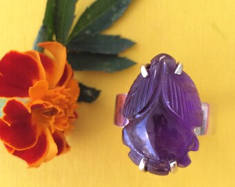 Carved Amethyst Silver Ring Size 7