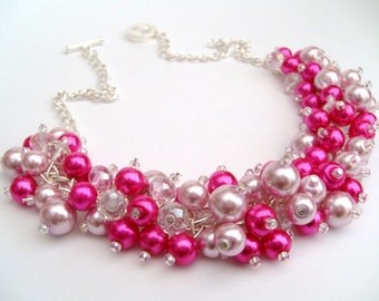 Hot Pink Pearl Beaded Necklace, Hot Pink Bridesmaid Jewelry, Cluster Necklace, Chunky Necklace, Bridesmaid Gift, Bridesmaid Necklace