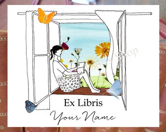 Bookplate stickers "Window", personalised ex libris, custom bookplate, custom exlibris, personalised bookplate stickers, bookplates