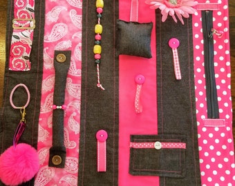 Fidget Quilt Alzheimers Activity Blanket Sensory Dementia Brain Trauma Tactile Lap Autistic Handmade Pink Denim