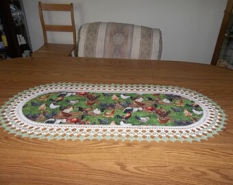 Crocheted Chicken and Rooster Table Runner Crocheted Edge Fabric Center