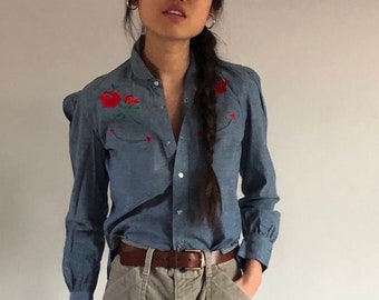 80s Ralph Lauren denim shirt / puff sleeve blouse / snap front denim shirt / vintage western shirt | xs