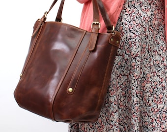 Leather Handbag Bucket Tote Bag, Vintage Brown
