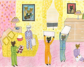 Pajama party. Original watercolor painting by Vivienne Strauss.