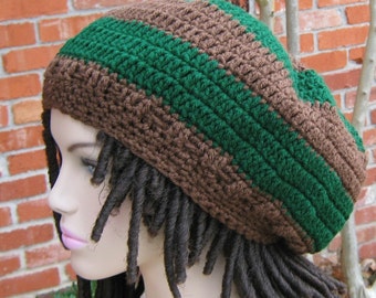 Green Brown dreadlocks hat, slouchy beanie, Hippie Dread beanie, Beret Tam, slouchy hat, woman or man beanie, handmade
