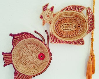 Vintage 2pc Fish and Rooster Basket Set