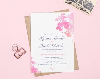 Pink and Navy watercolour Blossom wedding invitations