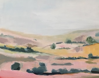 ORIGINAL landscape painting pink and yellow desert landscape 20x20 square landscape contemporary art blush pink pamela munger