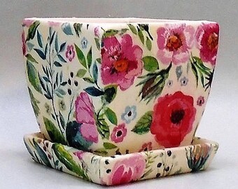 Made To Order, Handmade Decoupage Square Ceramic Flower Pot, Wild Berry Blossoms, 4"