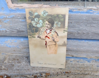 Vintage Antique 1900/1910 French real recolored photography postcard boy with bouquet