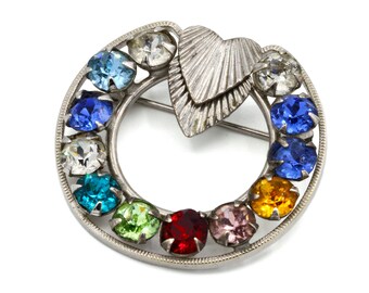 Rhinestone Circle Brooch, Mothers Day Gift, Uncas Curtman 1940s Jewelry, Rainbow Rhinestone Hoop Brooch, 925 Sterling Silver, Wreath Brooch