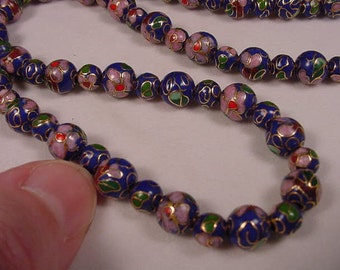 Royal Blue Cloisonne Beads pink flower flowers 20 inch long beaded Necklace jewelry V262-F