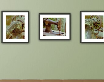 INSTANT DOWNLOAD Sewing Machine Art, Craft Room Home Decor, Set of 3 Fine Art Prints, Room Decor, Sewing machine, Art and Craft, Green Brown