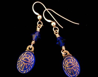 Scarab Earrings Sapphire Blue with Gold Engravings Scarab Drop Dangle Earrings