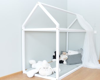 Toddler bed, House bed Pine wood, wooden bed, Montessori bed, tent bed, kids tent, kids tepee bed, wood house bed frame, white house bed