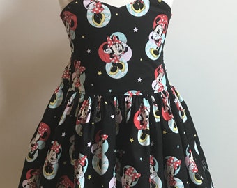 Minnie Mouse Badges Peekaboo Tie Back Dress ( 2T, 3T, 4T, 5, 6,7, 8, 9/10, 11/12, 13/14, 15/16)