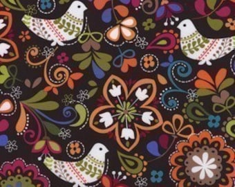Michael Miller Birds of Norway Espresso Cotton Fabric - REMNANT Size 27 Inches by 44 Inches