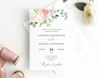 Floral Wedding Invitation Template, Printable Wedding Invitation Set Templates, Floral Invitation, Calligraphy, PDF Instant Download, MM08-3
