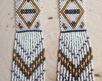 Long Fractal Seed Beaded Fringe Earrings “Diamond Dazzels” Boho Style, Long Beaded Earrings