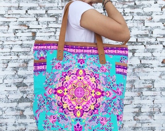 Weekender Bag Summer Large Tote Canvas bag Colorful Neon Printed Canvas Tribal Hobo Hippie bag Weekender bag Beach bag Boho Bag Beach Purse.