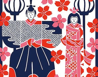 Small Size Cotton 'Hina Dolls and Cherry Blossoms' Furoshiki Japanese Fabric w/Free Insured Shipping