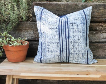 Indigo Batik Throw Pillow; handwoven hemp; 20x20