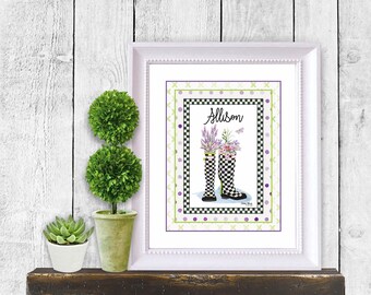 Checkered Wellies Print / Note Cards Spring Blooms Black and White checked