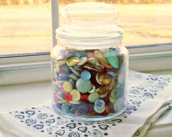 Vintage Buttons in decorative glass jar with lid - antique buttons - grandma's button jar - button collection - sewing buttons - decoration