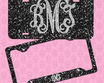Monogrammed License Plate, Black Silver Glitter Car Tag, Personalized License Plate Frame, Monogram Car Coasters, NOT REAL GLITTER
