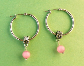 Clearance ~ Very Pretty Pink Pearl Charm Hoop Earrings