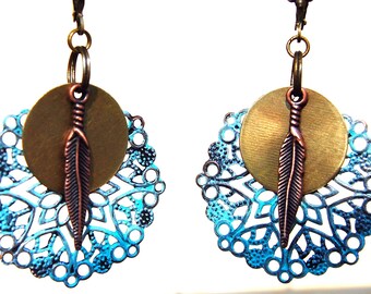 Tribal Earrings, Bohemian Earrings, Patina Earrings, Turquoise Earrings, Dangle Earrings, Boho Jewelry, Ethnic Boho Chic Hippie Gift for her
