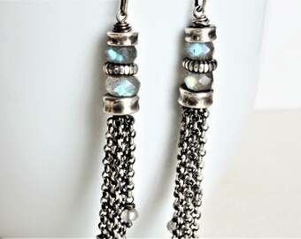 Oxidized silver labradorite earrings, sterling silver long tassel earrings, gemstone dangle earrings, long chain earrings