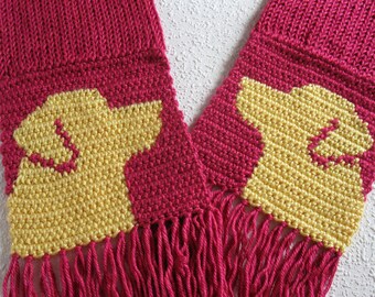 Yellow Labrador Retriever Scarf. Dark pink, crochet and knit scarf with yellow lab dogs. Labrador dog gift. Pink knitted dog scarf