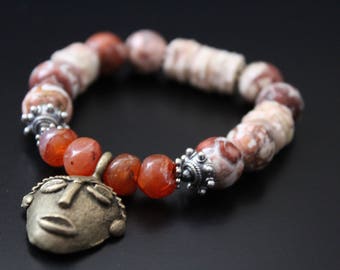 African tribal mask bracelet - brass mask charm bracelet - gemstone bracelet - stretch stacking boho bracelet - rustic sterling bracelet