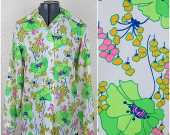 1970s Large Scale Green Floral Button Down Blouse - 100% Polyester (B2)