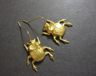 Beetle Earrings, Scarab Earrings, Bug Earrings, Insect Jewelry, Brass Beetles, Woodland Bug, 14k GF Wires, Dangle, Gothic, Creepy, Pierced