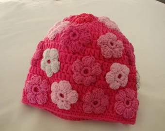 Hat for girls with sewn crochet flowers, pink flowers, crochet, pink,