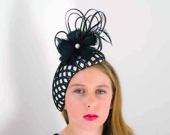 vintage style black and white head hugger headpiece fascinator, spring races, Derby Day
