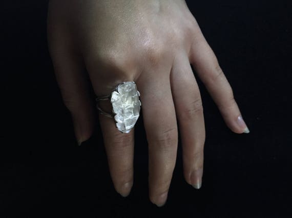 Solid Sterling Silver Rough Raw Clear Quartz Ring Huge Gemstone Flash Double Banded Raw Natural Rock Quartz with Inclusions All Sizes
